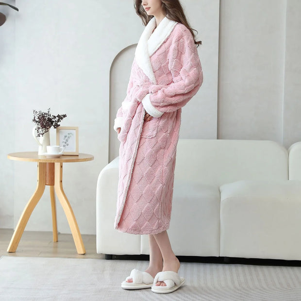 Women's Autumn Winter Plush Nightgown Pajamas Comfortable Cotton Velvet Nightgown Lapel Warm Home Clothes Bathrobe