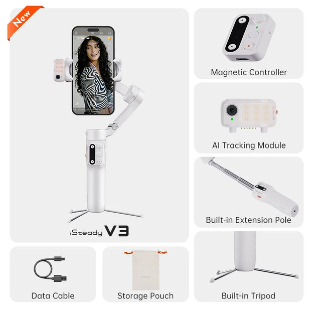 hohem Official V3 Smartphone Stabilizer Ai Face Tracking 3-Axis Phone Gimbal Built-in Selfie Stick Portable iPhone16/Samsung