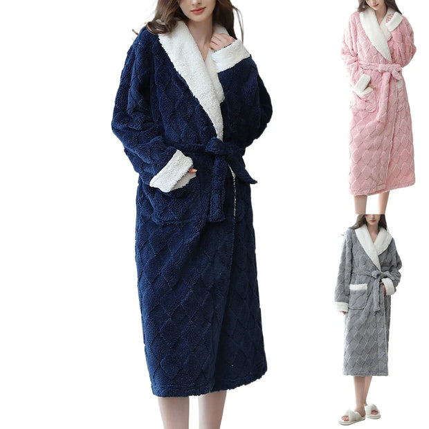 Women's Autumn Winter Plush Nightgown Pajamas Comfortable Cotton Velvet Nightgown Lapel Warm Home Clothes Bathrobe