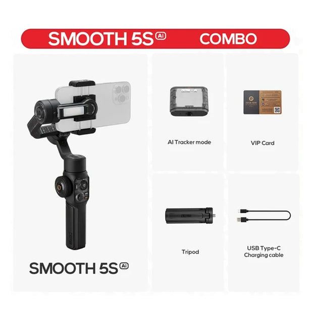 ZHIYUN Official Smooth 5S AI PRO COMBO Handheld Stabilizer 3-Axis Outdoor Phone Smartphone Gimbals for iPhone 15 Pro Max Xiaomi