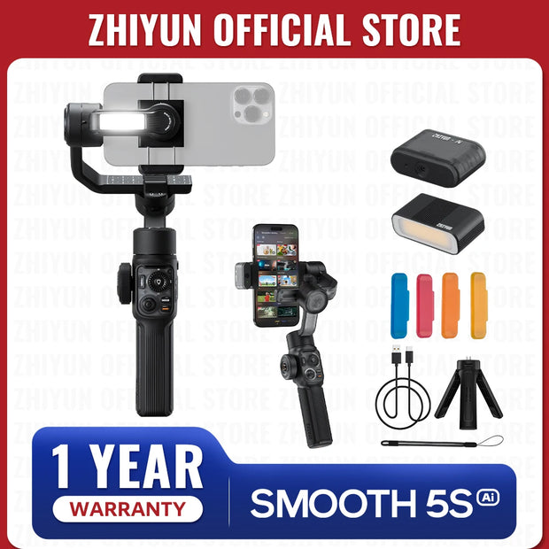 ZHIYUN Official SMOOTH 5S AI Smartphone Gimbal 3-Axis Gimbals Fill Light Phone Stabilizer for iPhone 15 Pro Max Android