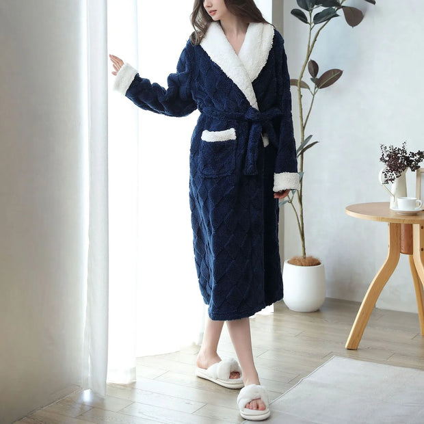 Women's Autumn Winter Plush Nightgown Pajamas Comfortable Cotton Velvet Nightgown Lapel Warm Home Clothes Bathrobe