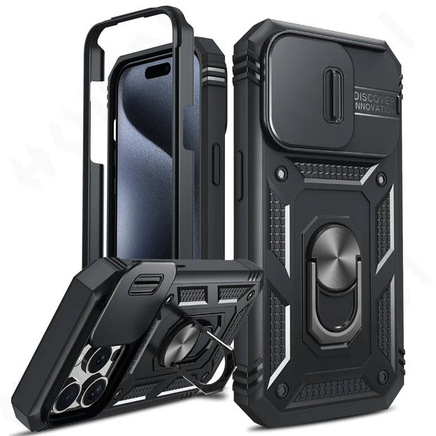 Case For iPhone 15 14 13 12 11 Pro XS Max XR 8 7 Plus Camera Slide Military Grade Armor Protection 360 Degree Rotate Armor Cover
