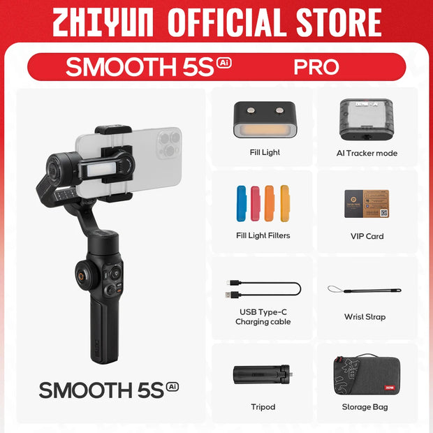 ZHIYUN Official SMOOTH 5S AI Tracking Handheld Stabilizer 3-Axis Smartphone Gimbal Outdoor Gimbals for iPhone 15 Pro Max Xiaomi