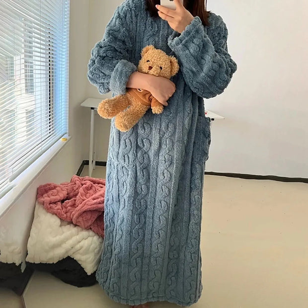 Women‘S New Items Nightgowns Home Clothes Warm Insulated Plus Size Homewear Plush Threaded Long Knee Length Winter Nightgown