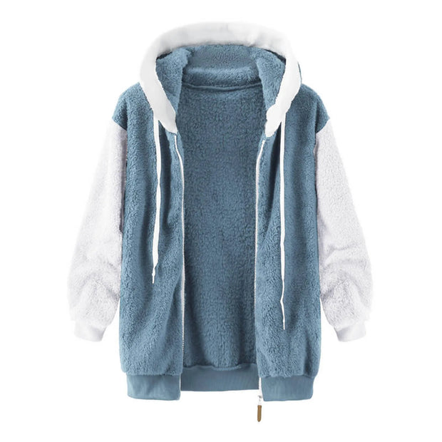 Women's Casual Fleece Jacket Hooded Pullover Autumn Winter Contrast Color Warm Lamb Wool Outwears With Pockets Winter Clothes