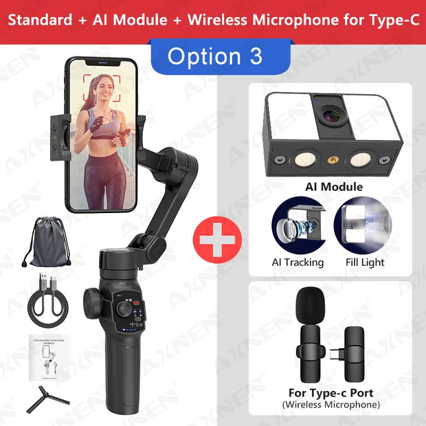 Newest AXNEN HQ4 3-Axis Handheld Gimbal, Optional AI Smart Tracking, Smartphone Stabilizer for iPhone 14 Pro Xiaomi Huawei Vlog