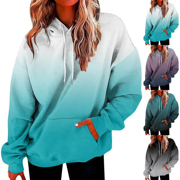 Oversized Hoodies Women Gradient Color Loose Fit Sports Sweatshirt Female Warm Plush Drawstring Hooded Pullovers Winter Clothes