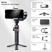 Hohem-iSteady M6 Kit Gimbal for Smartphone, 3-Axis Gimbal, AI Tracker, Fill Light, for iPhone 16 Pro Max and Android Stabilizer