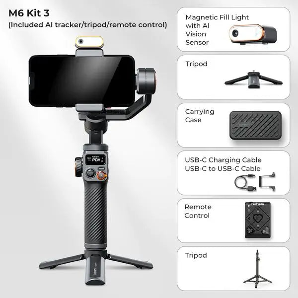 Hohem-iSteady M6 Kit Gimbal for Smartphone, 3-Axis Gimbal, AI Tracker, Fill Light, for iPhone 16 Pro Max and Android Stabilizer