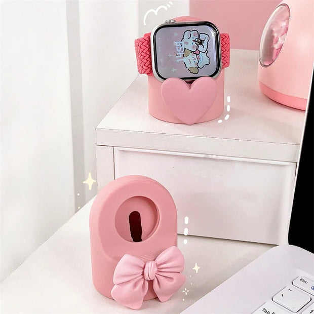 Cute 3D Bowknot Pink Wireless Charger Stand 49mm 41 45mm For iWatch 38 42 40 44mm Charging Bracket For Apple Watch 8 SE 7 6 5 4