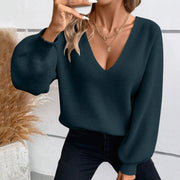 Fashion Autumn Korean Knitted Solid Sweater V-Neck Tops Long Lantern Sleeve Warm Pullover Casual Sweater Women Clothes Winter