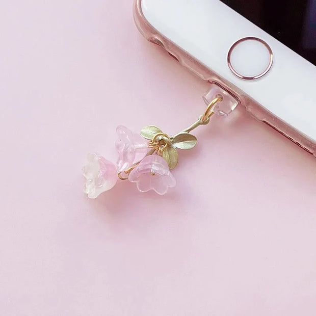 Cute Pink Lily Of The Valley Phone Charm Flower Green Leaf Dust Plug