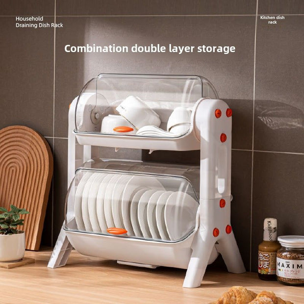 Kitchen Double Layer Cupboards Utensil Storage Box Plastic with Lid Dish Tray Drain Bowl Rack Storage Shelf