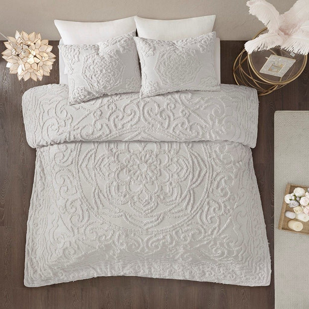 3-Piece Tufted Cotton Chenille Medallion Comforter Set