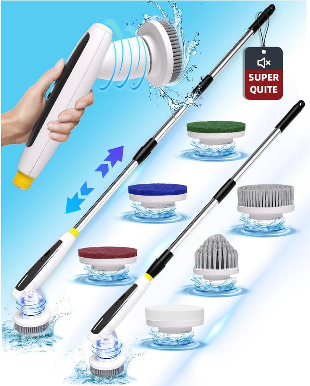 Electric Spin Scrubber, 2024 New Super Quiet Power Cleaning Brush for Bathroom Floor Tile with Long Handle, Cordless Shower Brush with 7 Replaceable Brush Heads, 120Mins Work Time, Dual Speeds