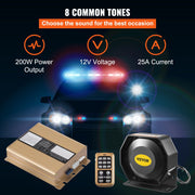 VEVOR 200W 8 Sound Loud Car Warning, Police Fire Emergency Alarm Fire Siren, 1 Horn PA Speaker MIC System Vehicle Siren